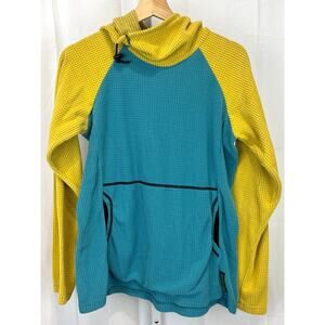 MELANZANA Micro Grid Hoodie Pullover Fleece Colorblock Teal Blue Yellow Size M